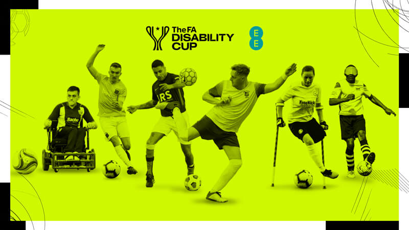 Image: The FA Disability Cup 2023, action shots of players representing six different impairment categories of football in a bright yellow colour